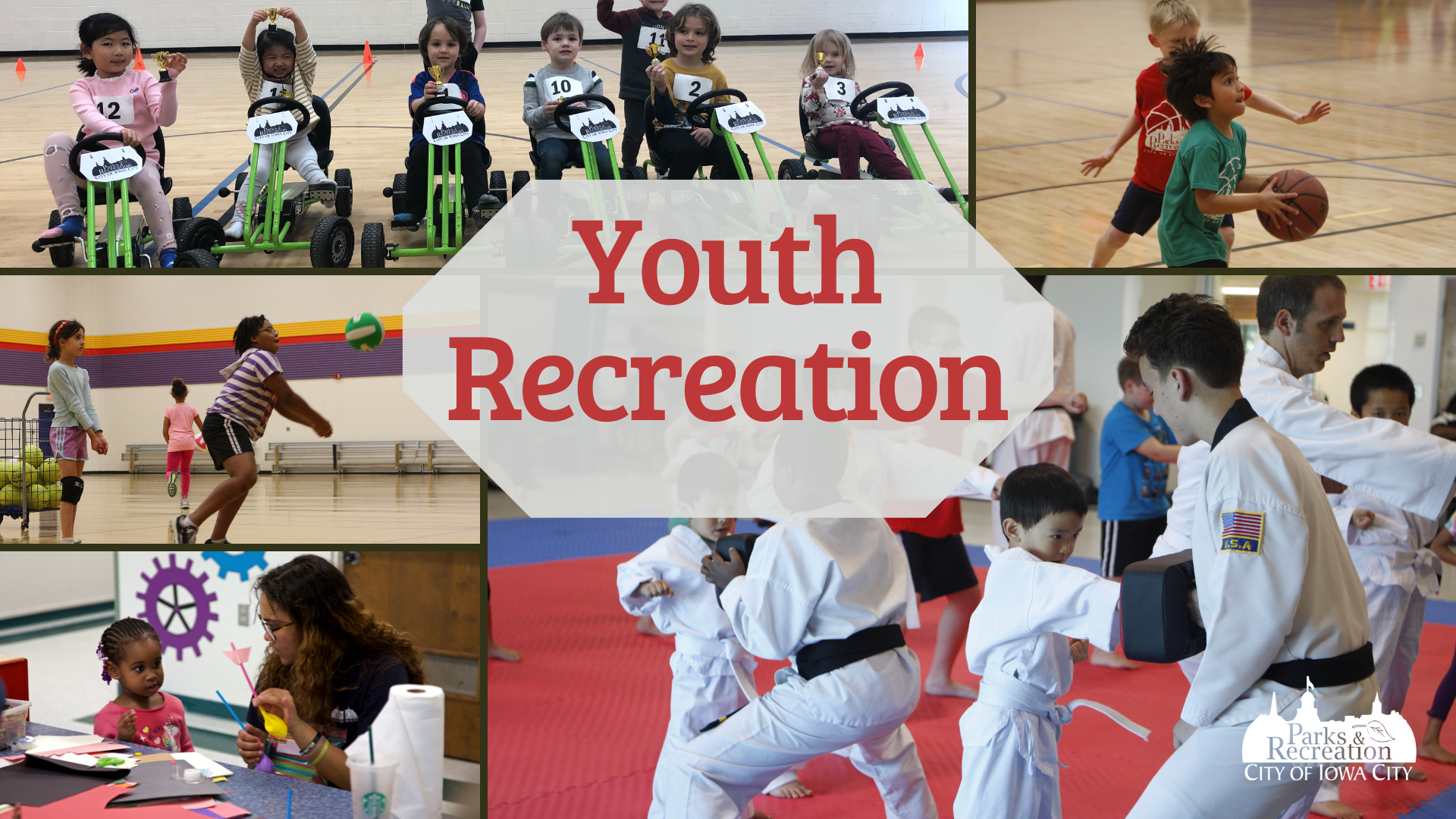 Text says "Youth Recreation" and is surrounded by five photos of youth recreation programs, including volleyball, arts and crafts, biking, tae kwon do, and basketball.