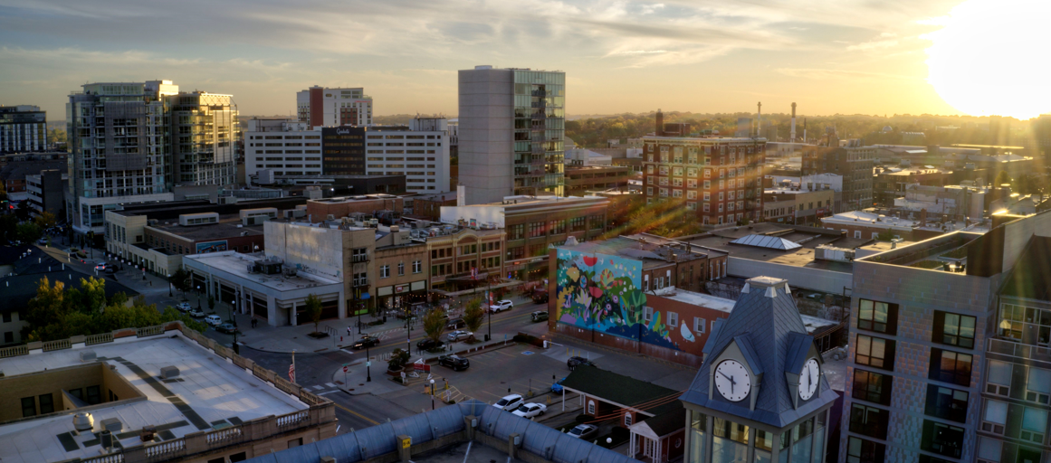 Downtown Iowa City at sunset.