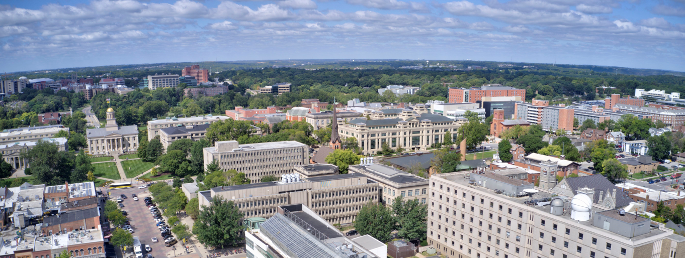 Drone photo of Downtown Iowa City. 