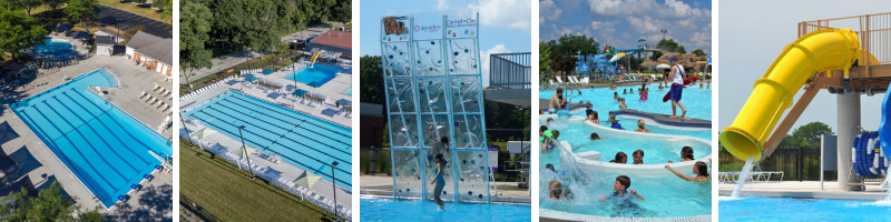 Pool features are shown: 25 and 50 meter lap lanes, a climbing wall, a current channel, and a drop slide.