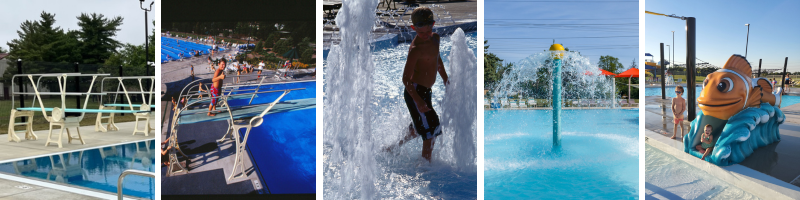 Pool features are shown: 1 and 3 meter diving boards, water jets and bubblers, water play features, and a kiddie slide.