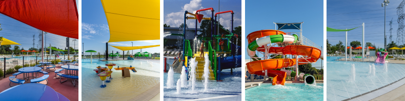 Pool features shown: shade over a pool deck, shade over water, a water play structure, a water slide, and zero depth pool entry.