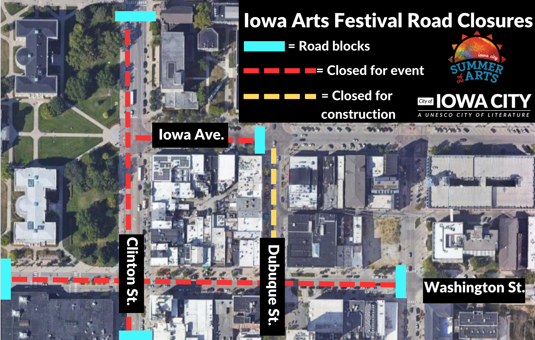 Road closures for 2024 Iowa Arts Festival. 